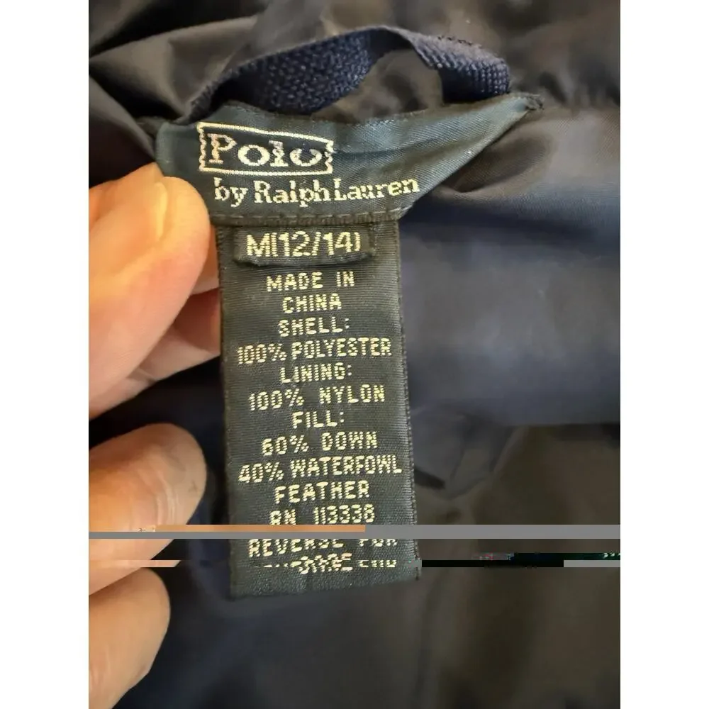 Vintage Polo Ralph Lauren Youth Navy Blue Puffer Down Full Zip Jacket M 12/14